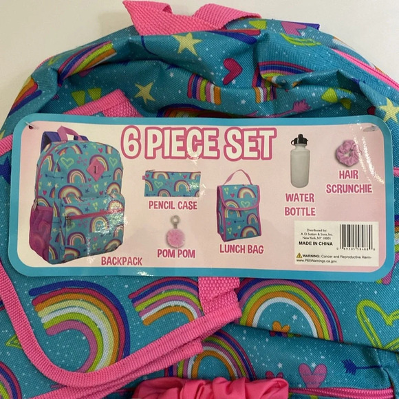Rainbow Print Girls Backpack Blue w/ Lunch Box, Pencil Case and Accessories - Picture 6 of 6